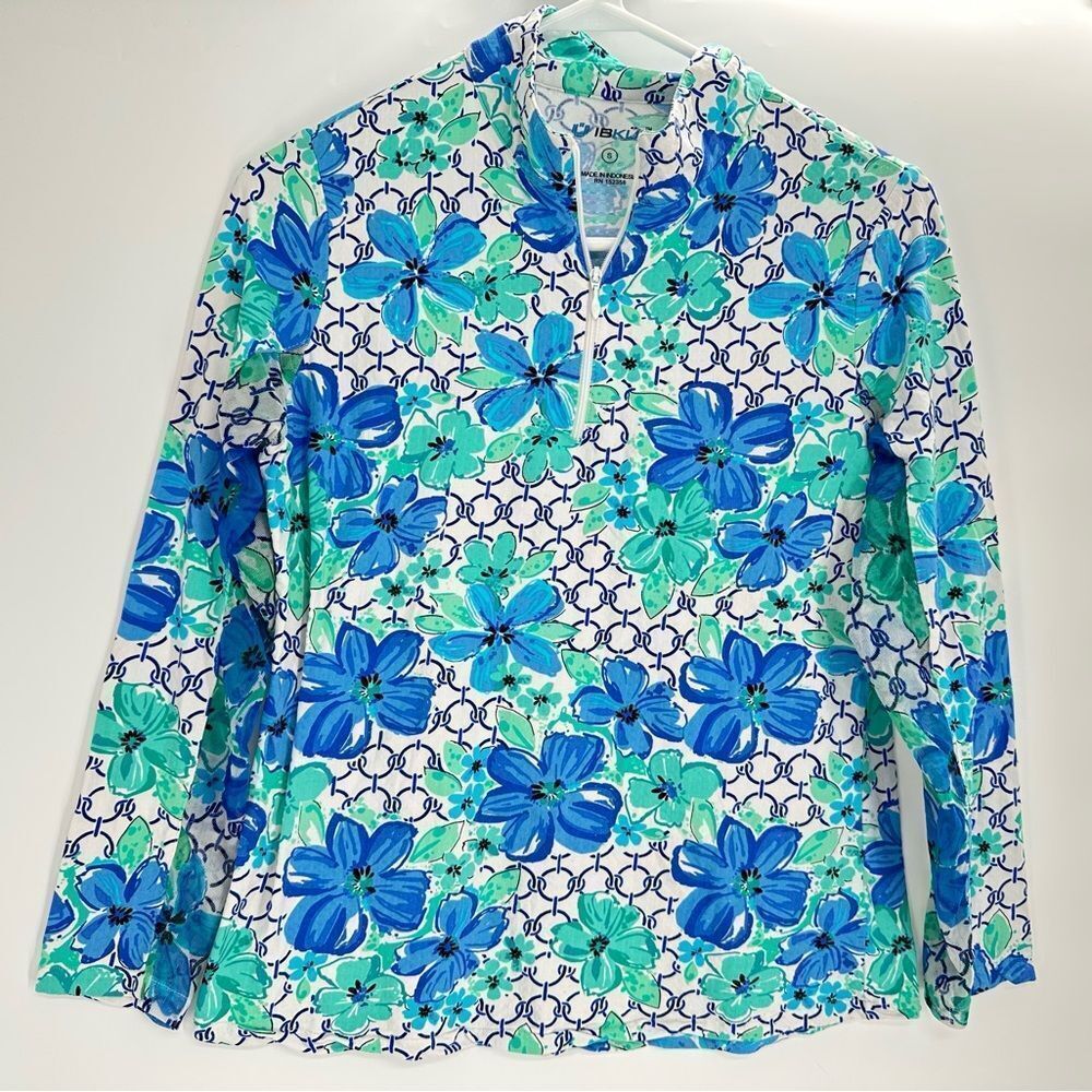 Ibkul Pullover Sun Protectant Mock Neck Long Sleeve Blue Green Floral Size Small